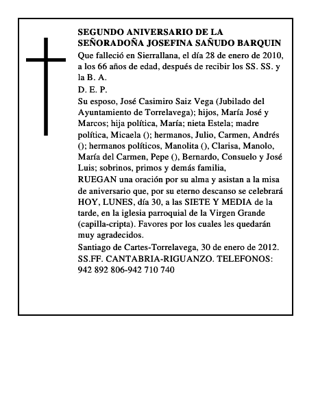 SEGUNDO ANIVERSARIO DE LA SEÑORADOÑA JOSEFINA SAÑUDO BARQUIN