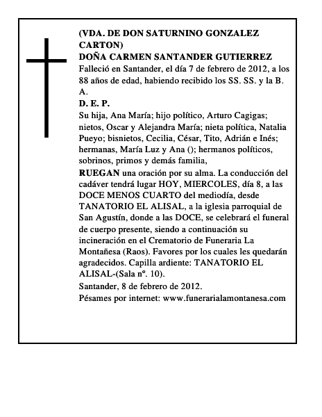 DOÑA CARMEN SANTANDER GUTIERREZ