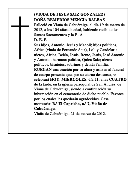 DOÑA REMEDIOS MENCIA BALBAS