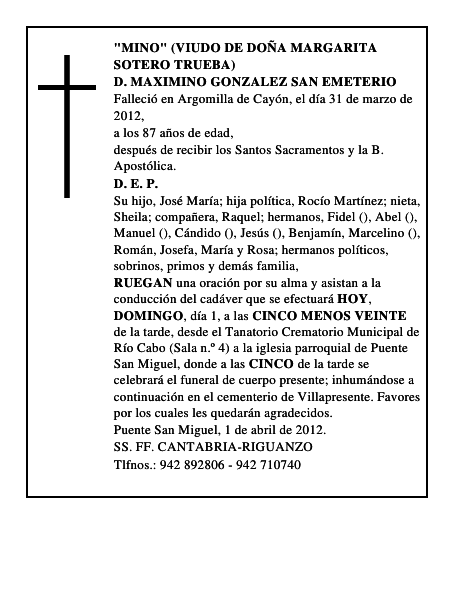 D. MAXIMINO GONZALEZ SAN EMETERIO