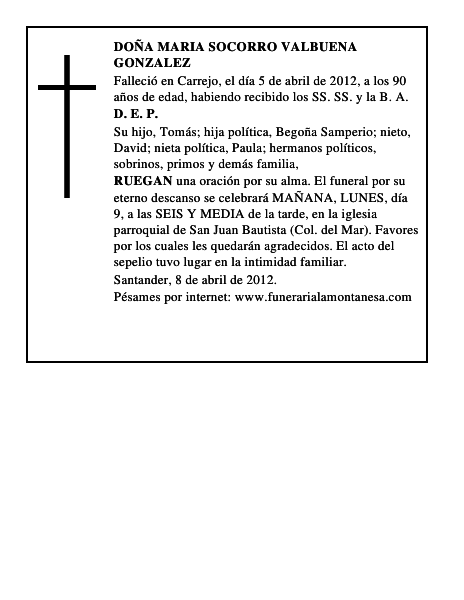 DOÑA MARIA SOCORRO VALBUENA GONZALEZ