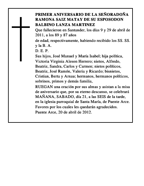 PRIMER ANIVERSARIO DE LA SEÑORADOÑA RAMONA SAIZ MATAY DE SU ESPOSODON BALBINO LANZA MARTINEZ