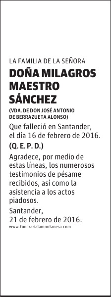 DOÑA MILAGROS MAESTRO SÁNCHEZ