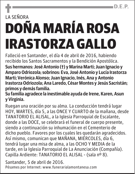 DOÑA MARÍA ROSA IRASTORZA GALLO