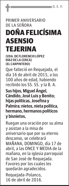 DOÑA FELICÍSIMA ASENSIO TEJERINA