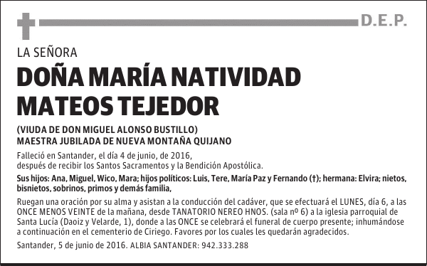 DOÑA MARÍA NATIVIDAD MATEOS TEJEDOR