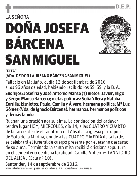 Dª JOSEFA BARCENA SAN MIGUEL