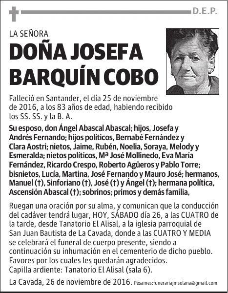 Dª JOSEFA BARQUÍN COBO