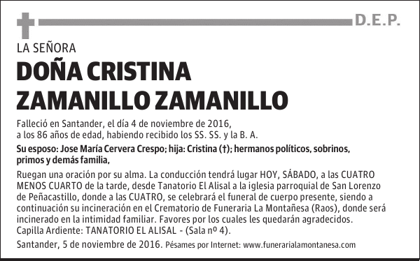 DOÑA CRISTINA ZAMANILLO ZAMANILLO