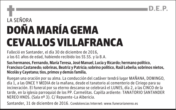 DOÑA MARIA GEMA CEVALLOS VILLAFRANCA
