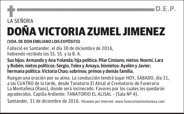 DOÑA VICTORIA ZUMEL JIMENEZ