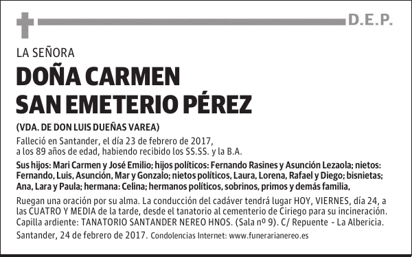 DOÑA CARMEN SAN EMETERIO PEREZ