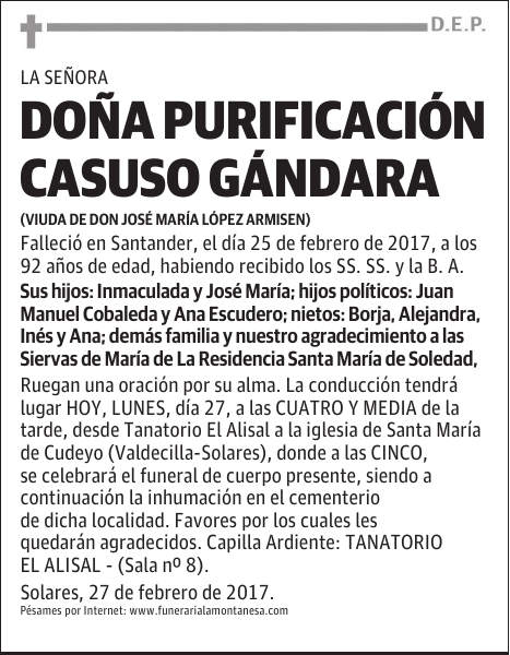 DOÑA PURIFICACIÓN CASUSO GÁNDARA