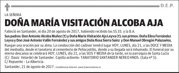 DOÑA MARÍA VISITACIÓN ALCOBA AJA