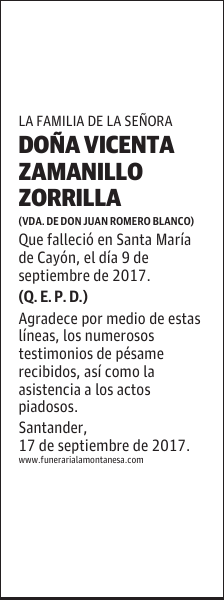 DOÑA VICENTA ZAMANILLO ZORRILLA