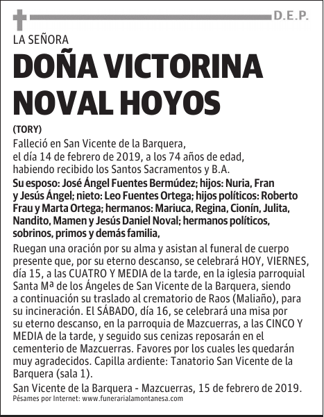 DOÑA VICTORINA NOVAL HOYOS