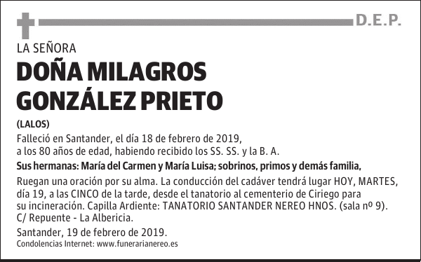 DOÑA MILAGROS GONZÁLEZ PRIETO