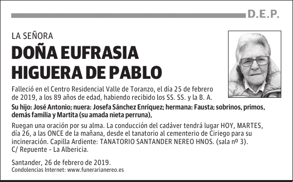 DOÑA EUFRASIA HIGUERA DE PABLO