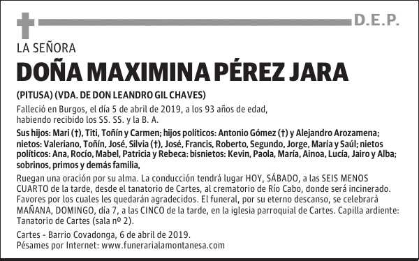 DOÑA MAXIMINA PÉREZ JARA