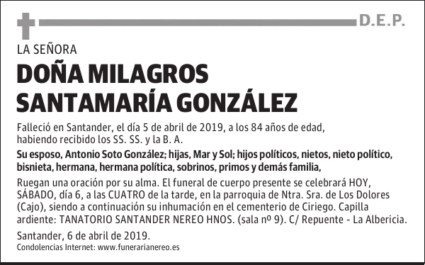 DOÑA MILAGROS SANTAMARÍA GONZÁLEZ