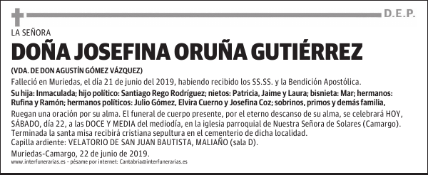 DOÑA JOSEFINA ORUÑA GUTIÉRREZ