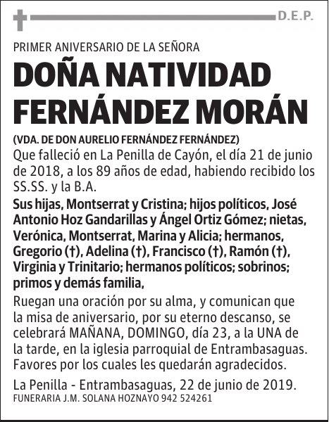 DOÑA NATIVIDAD FERNÁNDEZ MORÁN
