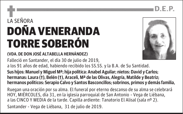 DOÑA VENERANDA TORRE SOBERÓN