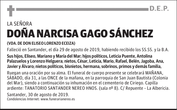 DOÑA NARCISA GAGO SÁNCHEZ