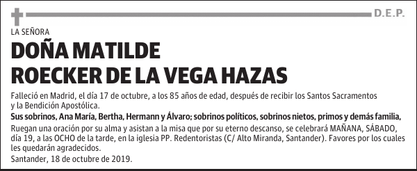 DOÑA MATILDE ROECKER DE LA VEGA HAZAS