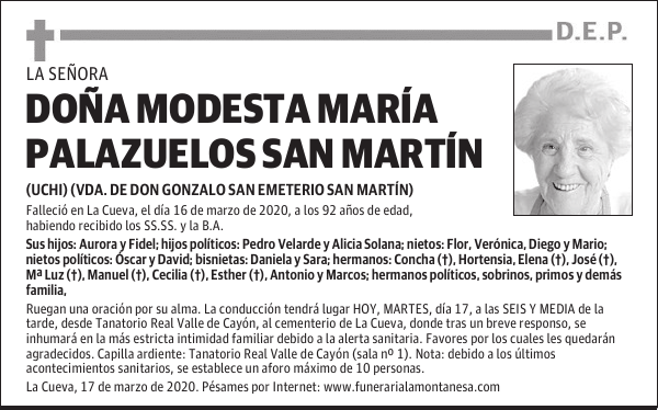 DOÑA MODESTA MARÍA PALAZUELOS SAN MARTÍN