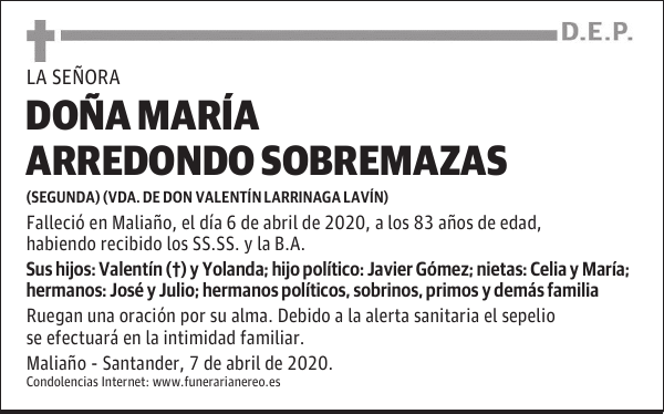 DOÑA MARÍA ARREDONDO SOBREMAZAS