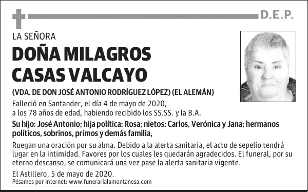 DOÑA MILAGROS CASAS VALCAYO