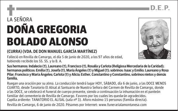 DOÑA GREGORIA BOLADO ALONSO