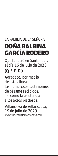 DOÑA BALBINA GARCÍA RODERO