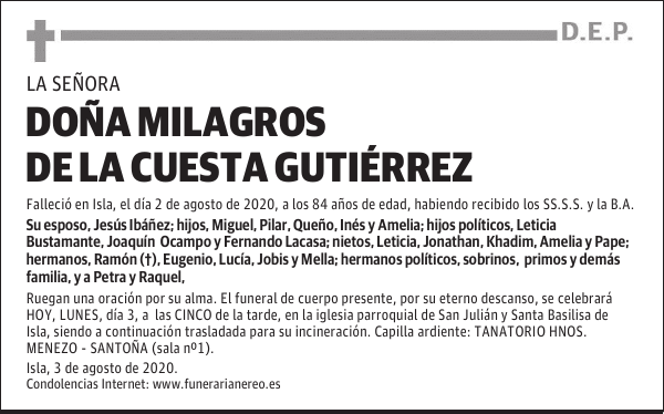 DOÑA MILAGROS DE LA CUESTA GUTIÉRREZ