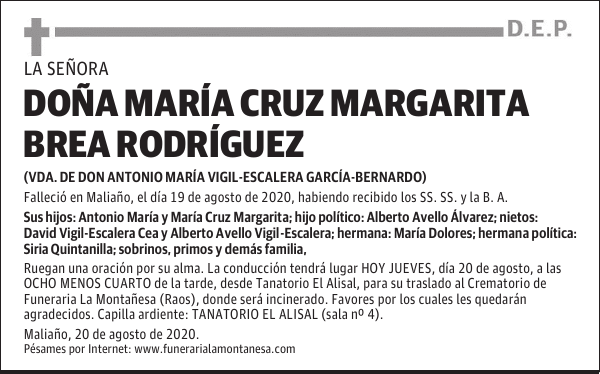 DOÑA MARÍA CRUZ MARGARITA BREA RODRÍGUEZ