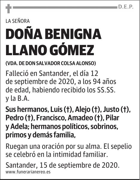 DOÑA BENIGNA LLANO GÓMEZ