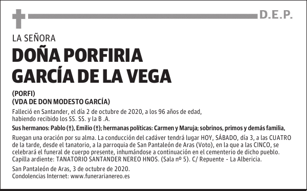 DOÑA PORFIRIA GARCÍA DE LA VEGA