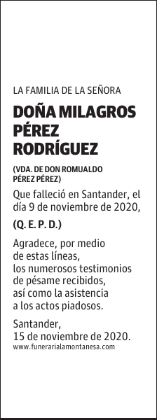 DOÑA MILAGROS PÉREZ RODRÍGUEZ