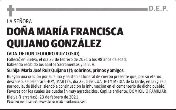 DOÑA MARÍA FRANCISCA QUIJANO GONZÁLEZ