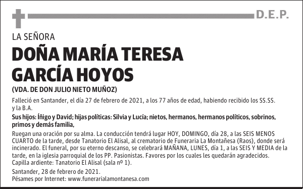 DOÑA MARÍA TERESA GARCÍA HOYOS