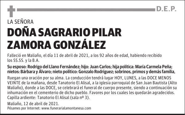 DOÑA SAGRARIO PILAR ZAMORA GONZÁLEZ