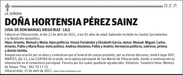 DOÑA HORTENSIA PÉREZ SAINZ