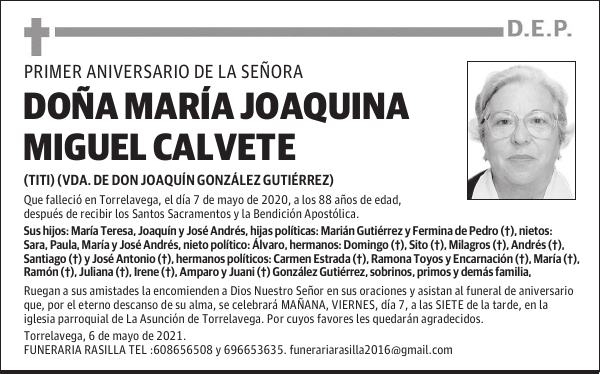 DOÑA MARÍA JOAQUINA MIGUEL CALVETE