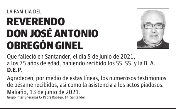 REVERENDO DON JOSÉ ANTONIO OBREGÓN GINEL