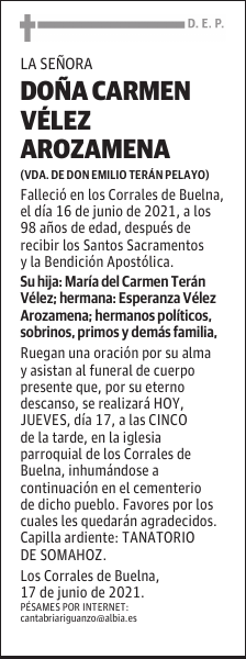 DOÑA CARMEN VÉLEZ AROZAMENA