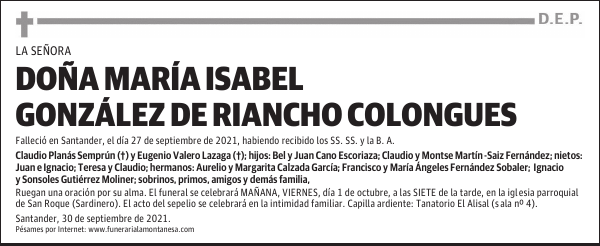 DOÑA MARÍA ISABEL GONZÁLEZ DE RIANCHO COLONGUES