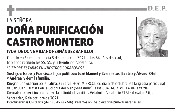 DOÑA PURIFICACIÓN CASTRO MONTERO