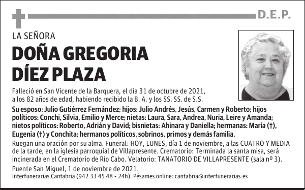 DOÑA GREGORIA DÍEZ PLAZA