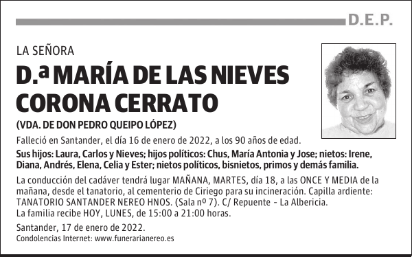 DOÑA MARÍA DE LAS NIEVES CORONA CERRATO
